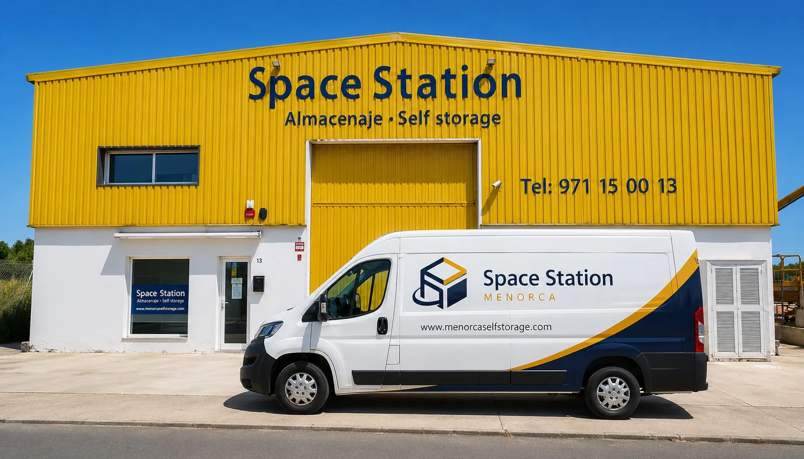 Space Station Menorca - el edificio amarillo en Sant Lluís con nuestra furgoneta