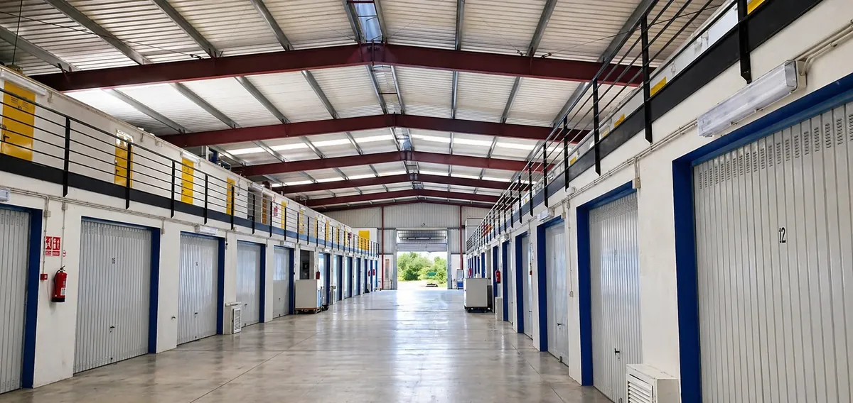 Pasillo interior de Space Station Menorca con trasteros y acceso en vehículo en Sant Lluís